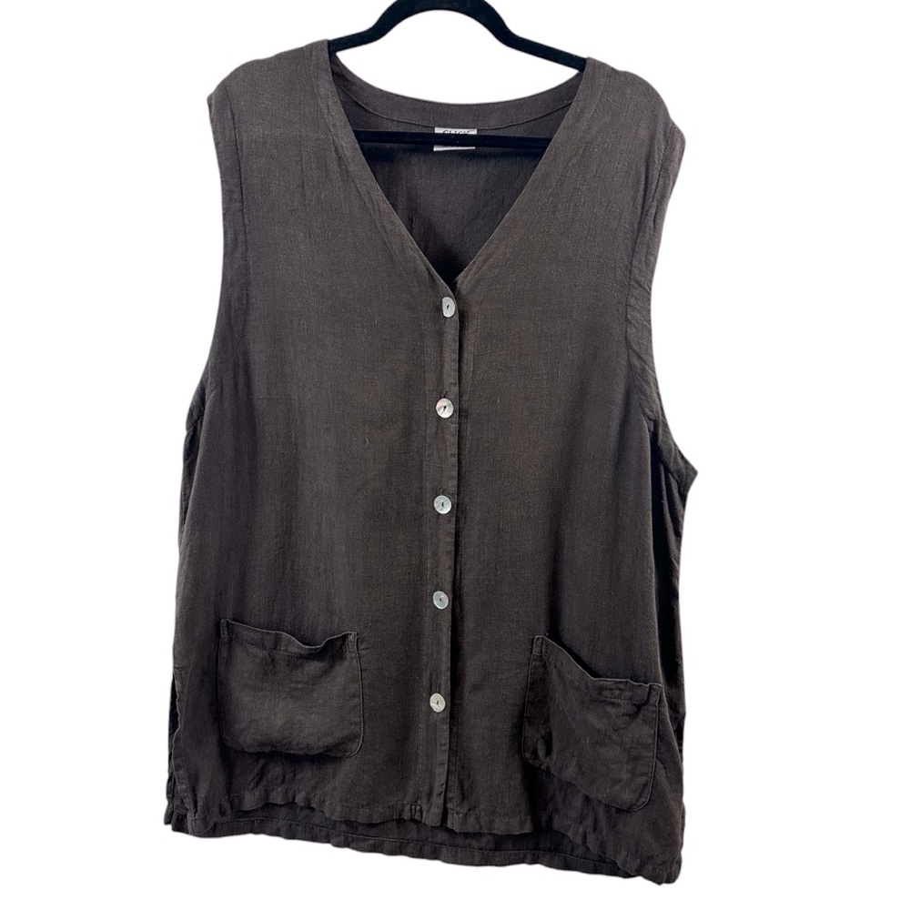 Vintage CLICK Made in USA 100% Linen Buttons Pockets Sleeveless Brown Vest Top L